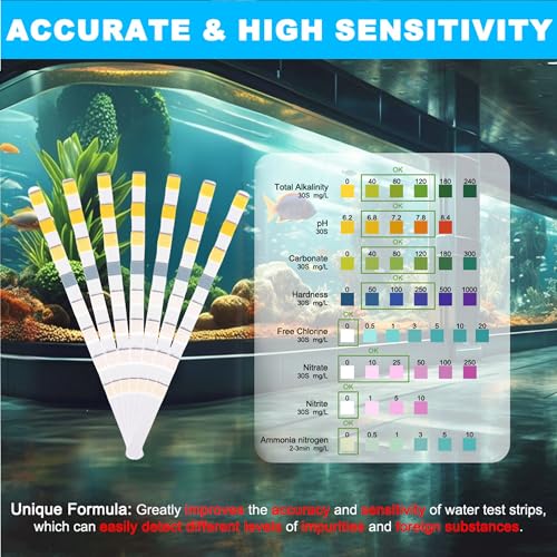 8 in 1 Aquarium Test Kit Fish Tank Test Strips Accurate Water Quality Testing Strips for Ammonia PH Total Alkalinity Carbonate Hardness Free Chlorine Nitrate Nitrite Temperature (100 Strips)