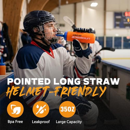 UICE Water Bottle with Straw,1 Liter Easy Squeeze Bottles for Hockey Straight Long Straw Built In Finger Grip,Sports Water Bottle for Football, Lacrosse, Boxing,Fitness-White - color: white