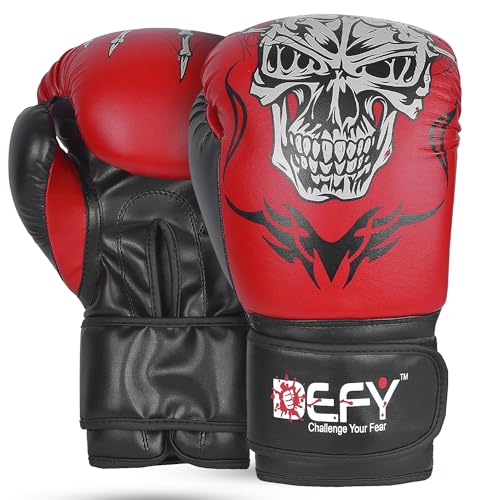 Defy Sports Boxing Gloves for Men and Women - Premium Quality Faux Leather Kick Boxing Gloves – Gel Infused Kickboxing Gloves with Thumb Support - Versatile Usage – Skull Model Design - size: 16 oz