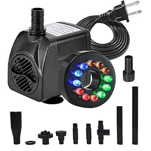 15W 1000L/H Submersible Fountain Water Pump with 12 Colorful LED Lights, Mushroom and Blossom Spray Head for Fountain,Pond,Outdoor Water Feature, Statuary Gardens,Aquarium Fish Tank