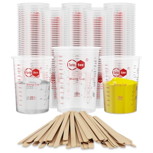 20oz Resin Mixing Cups - [Easy-Separate Design] 100 Pack Graduated PP Plastic Mixing Cups for Epoxy Resin, Paint & Automotive - Includes 100 Stir Sticks, Calibrated Ratios 2:1 3:1 4:1, ML & OZ - color: 20OZ-100PACK-CLEAR