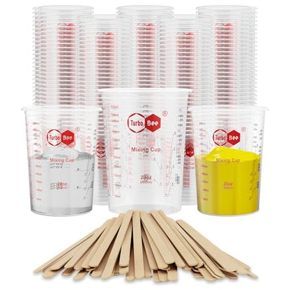 20oz Resin Mixing Cups - [Easy-Separate Design] 100 Pack Graduated PP Plastic Mixing Cups for Epoxy Resin, Paint & Automotive - Includes 100 Stir Sticks, Calibrated Ratios 2:1 3:1 4:1, ML & OZ - color: 20OZ-100PACK-CLEAR