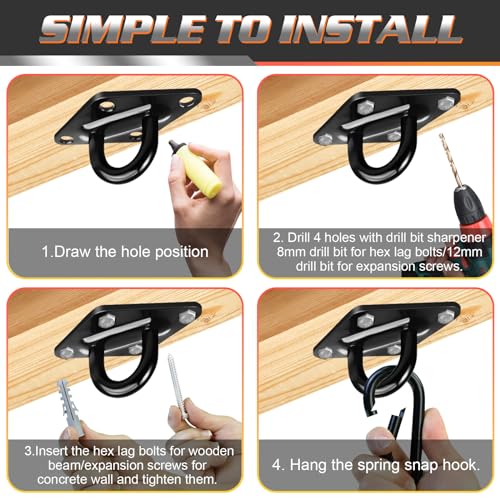2 Packs M10 Stainless Steel Pad Eye Hooks, Swing Hanger 2204lbs Capacity with M10 Snap Hooks and Heavy-Duty Screws , for Porch Hammock Hanging Kit, Punching Bag, Yoga,Swing Hanging, Wall/Ceiling Mount
