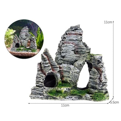 Resin Aquarium Stone Cave with Artificial Moss – Natural Rock Mountain Ornament for Fish Tank, Shrimp & Betta Hiding, Reptile Habitat Decoration, Small Landscape Terrain Accessory for Aquatic Decor