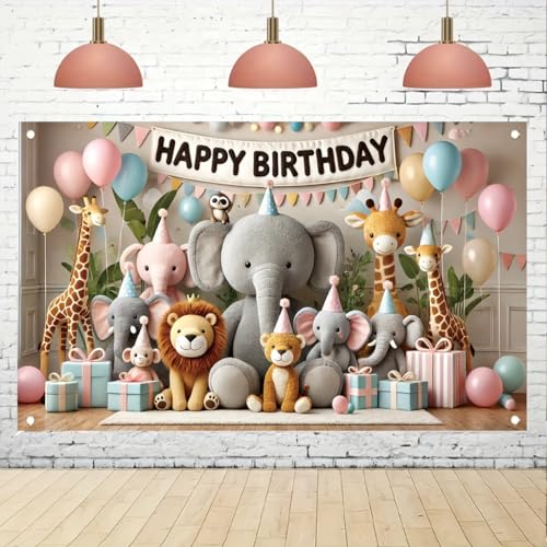 Jungle Animal Happy Birthday 71x43 Inch Elephant Lion Giraffe Bear Party Hat BalloonGift Box Decoration Photography for Kids Birthday Party - color: Jungle Animals
