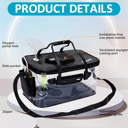 Foldable Transparent Fishing Bucket with Aerator Live Bait Bucket and Dual Outlet Air Pump, Heavy Duty EVA Collapsible Fish Basket for Kayak, Ice Fishing, Camping & Travel - size: 6 Gallon