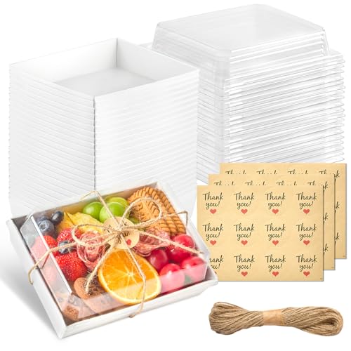 Charcuterie Boxes with Clear Lids, White, 7 x 5 Inches, 50 Pack | Disposable, To Go Bakery Boxes, Dessert Boxes, Food Containers, For Pastries, Chocolate Covered Strawberries, Hot Cocoa Bombs - color: White