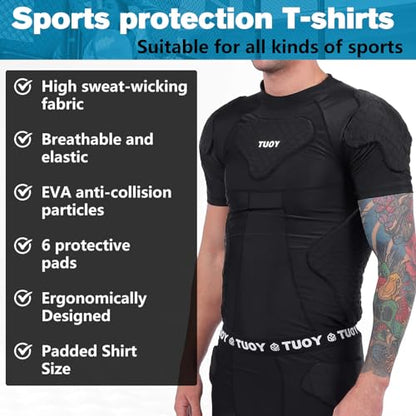 New Football Rib Chest Protector Shirt Padded Compression Shirts 6 Pads Adult Sizes Dark Black - color: Dark Black, size: Medium