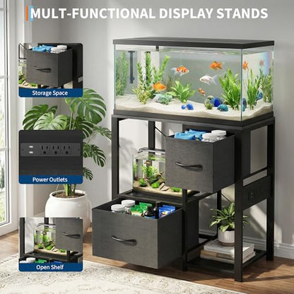 20-29 Gallon Fish Tank Stand, Aquarium Stand with Power Outlet, Heavy Duty Metal and Wood Aquarium Stand with 6-Leg Support and 4-Tier Open Storage Shelves