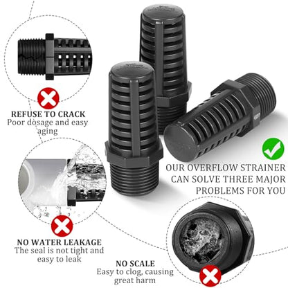 3 Pcs Threaded Suction Overflow Strainer, 3/4 Inch Screen Strainer, High Impact Resistant Gray Black PVC, Drain Fitting Connectors for Fish Aquariums and Permeable Vent Cap for Aquarium