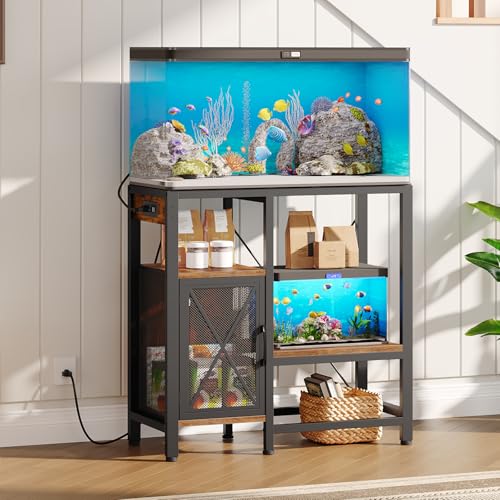 MAHANCRIS 20-37 Gallon Fish Tank Stand, Aquarium Stand with Power Outlet and Storage Cabinet, Heavy Duty Tank Stand Suitable for Turtle Tank, Reptile Terrarium, for Home Office, Rustic Brown FTHR40E01 - color: Rustic Brown, size: 20-37 Gallon