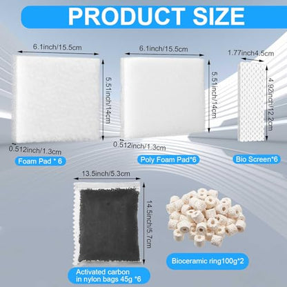 26 Pcs Aquarium Filter Media Kit Compatible with Fluval C4 (70 Gal) Power Filter, 6 White Foam Sponge Pads, 6 Poly Foam Sheets, 6 Bio-screen, 6 Activated Carbon, 2 Pack 7 Oz/200g Ceramic Ring - size: Compatible with C4