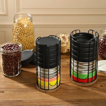 Mason Jar Lid Organizer, 2-Pack Mason Jar Lid Holder with Wood Base & Metal Frame, Mason Jar Lid Storage Accessories for Kitchen Countertop or Cabinet, Fit Mason/Canning/Bamboo Lids