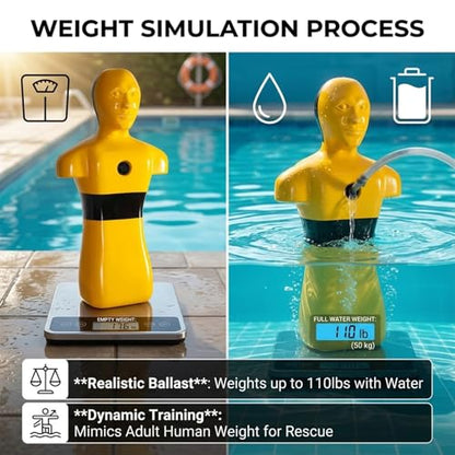 Weighted Rescue Dummy,110lbs Heavy HDPE Body-Water Rescue Training Dummy,38.6in Professional Swimming Safety Drill Model-Lifeguard Training Manikin,Sealed Weight Port(Orange) - color: Orange
