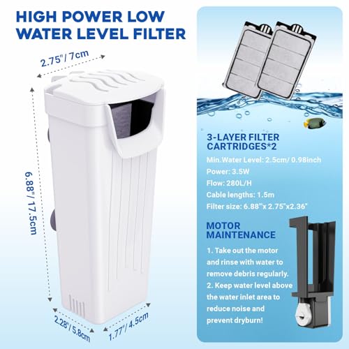 GOZILLA Turtle Tank Filter 74GPH, Low Water Level Turtle Tank 3.5W Fish Tank Aquarium Filters for Small Tanks up to 15 Gallons Include 2 Replacement Cartridge.(White)