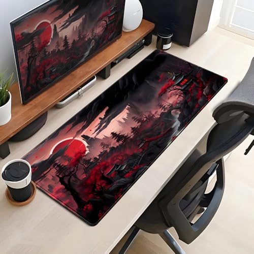 Riverside Full Moon Desk Pad Black Red Desk Mat Japanese Anime Extended XXL Keyboard Pad for Desk Gaming Computer Laptop Office Mouse Pad with Stitched Edges Non-Slip Large Computer Mat 31.5x11.8 in - color: Red Night