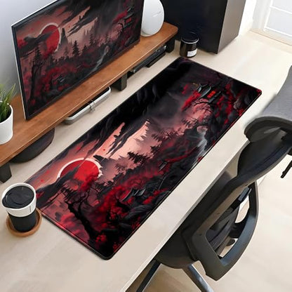 Riverside Full Moon Desk Pad Black Red Desk Mat Japanese Anime Extended XXL Keyboard Pad for Desk Gaming Computer Laptop Office Mouse Pad with Stitched Edges Non-Slip Large Computer Mat 31.5x11.8 in - color: Red Night