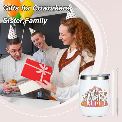 Grandma Gifts Wine Tumbler 12 oz Insulated Wine Glass Cup with Lid Straw Vacuum Travel Cup,Grandma Birthday Gifts Mothers Day Retirement Thank You Gift for Women Friend Mothers Day Christmas