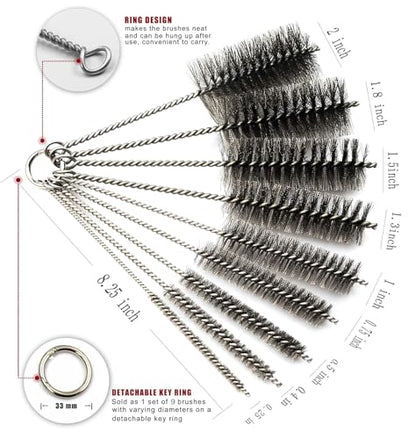 Pipe Cleaning Brush Set Stainless Steel Bristles, Stainless Steel Pipe Brush Steel Bottle Brush 9 Piece Variety Pack for Auto Parts, Bottles, Tubes, Etc. - size: 8 Inch
