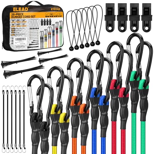 Carabiner Bungee Cords with Hooks, 28-Piece Heavy Duty Outdoor Assortment Includes 10", 18", 24", 36", 48", 60", 72" Bungee Cords, Canopy Tarp Ball Ties, Nylon Cable Ties and Tarp Clips - size: 28-Piece