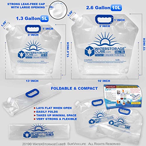 WaterStorageCube Premium Collapsible Water Container Bag, BPA Free Food Grade Clear Plastic Storage Jug for Camping Hiking Backpack Emergency, No-Leak Freezable Foldable Water Bottle 1.3/2.6 Gallon - size: 1.3 Gallon, style: 4-Pack