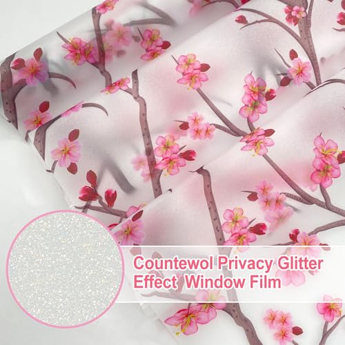 Frosted Static Cling Window Film, Stained Glass Privacy Film with Sakura Pattern, Anti-Glare UV Protection, Removable Decorative Window Clings for Home (Frosted Sakura, 17.5 x78.7 in)