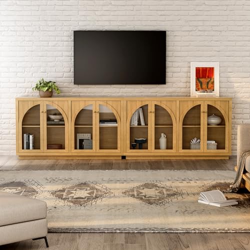Storage Cabinet with 4 Doors, Arched Sideboard Buffet Cabinet with Adjustable Shelves, Accent Display Cabinet with Acrylic Door for Living Room, Entryway, Dining Room, Natural Oak