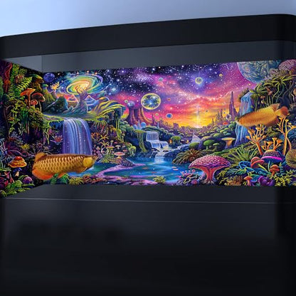 Aquarium Background with Galaxy Space Planet Design, Waterfall Landscape Tapestry Fantasy Mountain Wave Wall Tapestry Mysterious Neon Plants Fish Tank with Mushroom Design - size: 36" X 18" （90X45 cm）