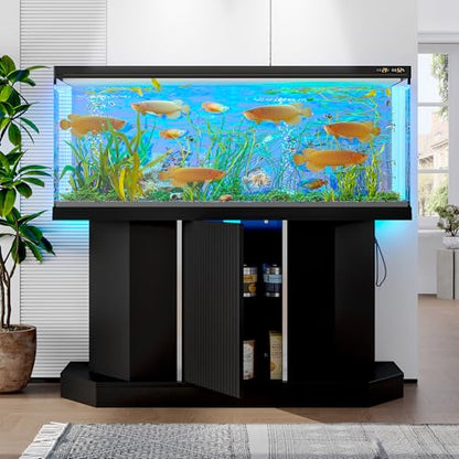 55-75 Gallon Fish Tank Stand with Power Outlet, 880LBS Modern Fluted Aquarium Stand with Storage Cabinet, Heavy Duty Reptile Turtle Tank, Black