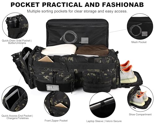 LHI 50L Tactical Duffle Bag for Men, 3-in-1 Gym Duffle and Backpack, Shoe Compartment, Laptop Sleeve and MOLLE, Carry-On Travel Weekender and Overnight Bag – Black CP Camo - color: Black CP Camo