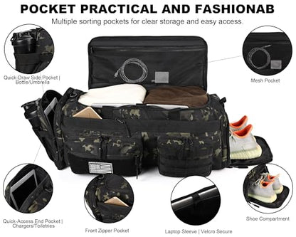 LHI 50L Tactical Duffle Bag for Men, 3-in-1 Gym Duffle and Backpack, Shoe Compartment, Laptop Sleeve and MOLLE, Carry-On Travel Weekender and Overnight Bag – Black CP Camo - color: Black CP Camo