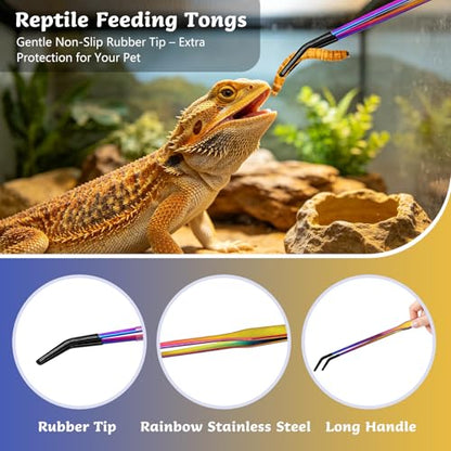 3 PCS Extra Long Reptile Feeding Tongs and Spoon Set Stainless Steel Reptile Tweezers for Aquarium with Rubber Tip Straight and Curved Terrarium Feeder Tools for Bearded Dragon Lizards