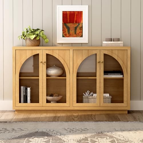 Storage Cabinet with 4 Doors, Arched Sideboard Buffet Cabinet with Adjustable Shelves, Accent Display Cabinet with Acrylic Door for Living Room, Entryway, Dining Room, Natural Oak