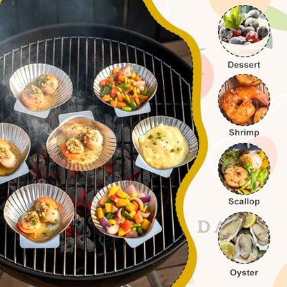 30 Pcs Stainless Steel Grillable Shells Reusable Oyster Shells Baking Dishes for Grilling, Broiling, and Serving Seafood Appetizers like Clams, Scallops, and Shrimp, 3.5 Inch Silver Platters