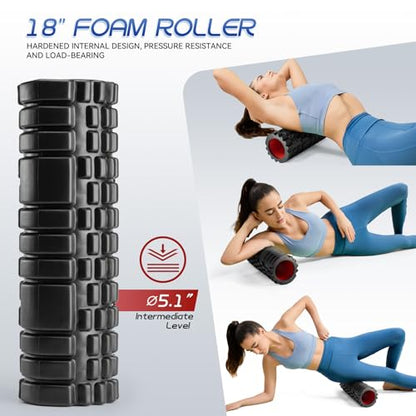 Krightlink 2-in-1 18" Foam Roller Set for Deep Muscle Massage | Foam Roller Trigger Point Release Back Roller for Fitness Relieves Muscle Pain Myofascial Pilates, Yoga (Black) - color: Black-18"(2 in 1)