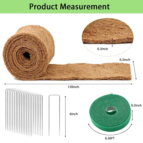 Thick Mulch Roll for Landscaping,120" x 6.5" Coconut Fiber Liner Mulch Mat with 16PCS U-Shaped Steel Stakes and Plant Ties Tape,Natural Coco Liner Pad Garden Edging Border Lawns Weed Barrier - size: 120IN x 6.5IN
