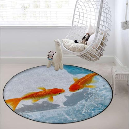 Aquarium Round Office & Gaming Chair Mat for Hardwood Floors, Golden Carp Non-Slip Protector for Rolling Chairs,Protect The Floor from Scratches, Orange Gold White Diameter 35.4 in