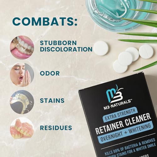 Overnight + Whitening Retainer Cleaner Tablets, Mint, 4 Month Supply by M3 | Compatible with Retainer Cleaner Machine & Ultrasonic Retainer Cleaner, Helps Remove Tough Stains, Buildup, Odors & Plaque - size: Overnight Whitening (120 Count)
