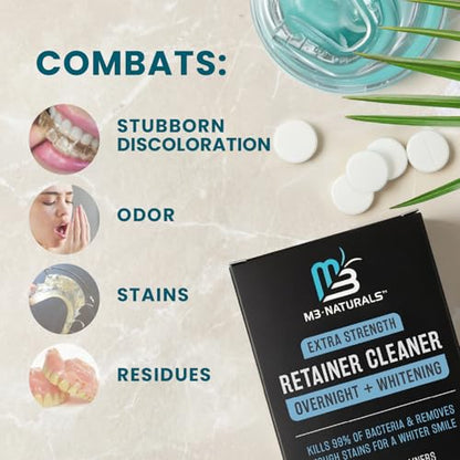 Overnight + Whitening Retainer Cleaner Tablets, Mint, 4 Month Supply by M3 | Compatible with Retainer Cleaner Machine & Ultrasonic Retainer Cleaner, Helps Remove Tough Stains, Buildup, Odors & Plaque - size: Overnight Whitening (120 Count)