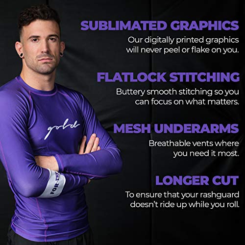 Gold BJJ Foundation Rash Guard - Ranked No-Gi and Gi Jiu Jitsu Rashguard - color: Purple (Long Sleeve), size: Small
