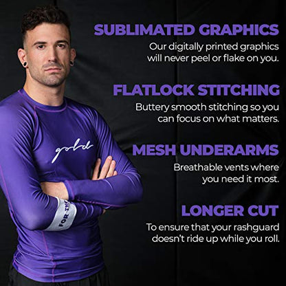 Gold BJJ Foundation Rash Guard - Ranked No-Gi and Gi Jiu Jitsu Rashguard - color: Purple (Long Sleeve), size: Small