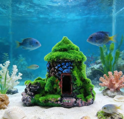M2cbridge Aquarium Decorations Fish Hideout House Betta Cave with Green Lifelike Moss (Style 1) - style: Style 1