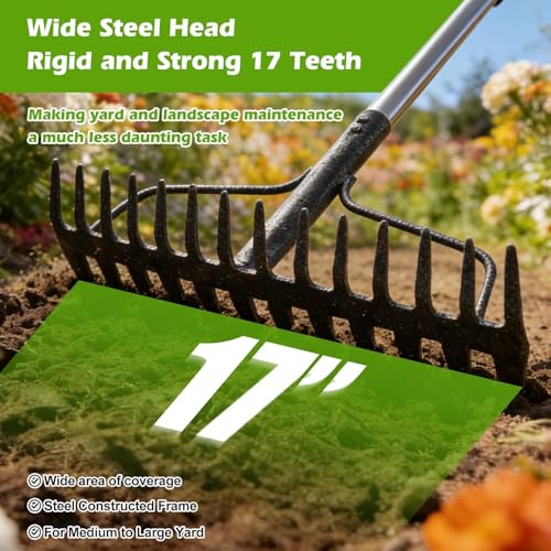 77-Inch Bow Rake, Heavy Duty Metal Garden Rake with 17 Tines & Adjustable Handle – Landscape Rake for Moving Gravel,Loosening Soil,Leveling Ground,Gathering Leaves,Spreading Mulch–Lawn Yard Farm Tool
