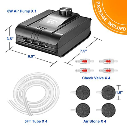 320GPH Aquarium Air Pump 8W Adjustable Quiet Oxygen Pump with 4 Outlet and Accessories Air Stone, Check Valve, Tube,for Up to 300 Gallon Fish Tank,air Pumps for hydroponices ;