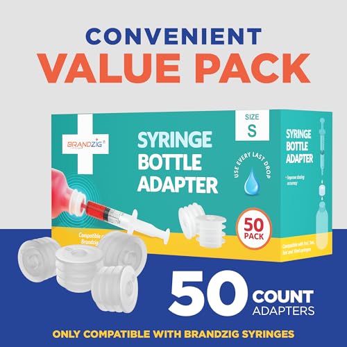 Medicine Bottle Syringe Adapter For Oral Dispensers (Size Small, 50 Pack) | Press In Bottle Adapter for Liquid Medication | Only Fits Brandzig 1ml, 3ml, 5ml & 10ml Syringes
