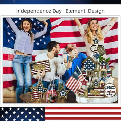 18 Pcs 4th of July Tiered Tray Decor Set - Patriotic Wooden Signs with Rustic Farmhouse Stars, Red White Blue Centerpieces for Independence Day Table & Mantel Decor(No Tray) - size: 7.1"