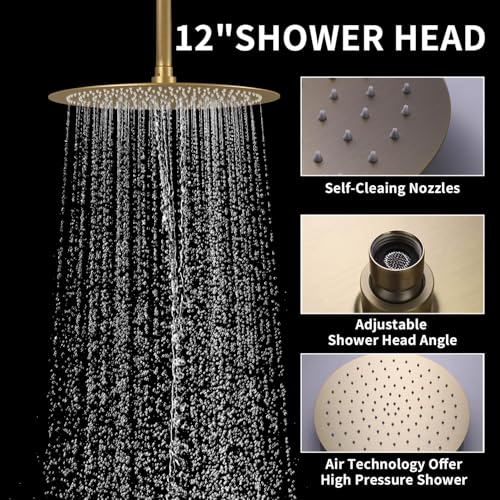 12Inch Brushed Gold Ceiling Shower System & 8Inch Wall-Mount Shower Faucet Set, 2 in 1 Handheld with Adjustable Slide Bar Included Temperature Display Valve and Trim Kit Can Work At Once