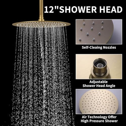 12Inch Brushed Gold Ceiling Shower System & 8Inch Wall-Mount Shower Faucet Set, 2 in 1 Handheld with Adjustable Slide Bar Included Temperature Display Valve and Trim Kit Can Work At Once