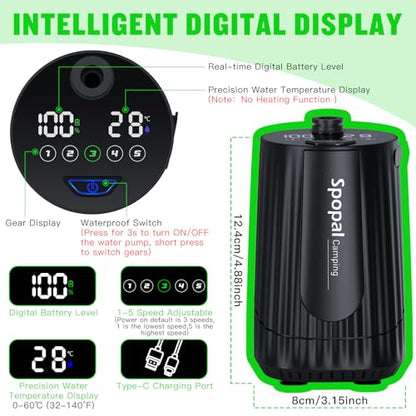 Portable Camping Shower, [10000mAh Rechargeable], 5-Speed with Collapsible Bucket with Handle 20L, IPX8 Waterproof, LED Display Camp Shower Pump, Perfect for Hiking, Travel, Cars & Pets