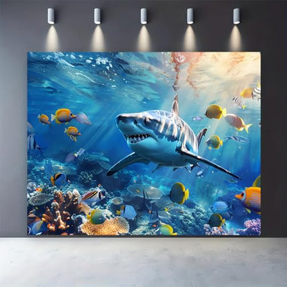 7x5FT Underwater Shark Backdrop Tropical Ocean World Coral Reef Photo Background Blue Sea Fish Aquarium Party Banner Kids Birthday Photography Summer Pool Party Wall Decor Supplies